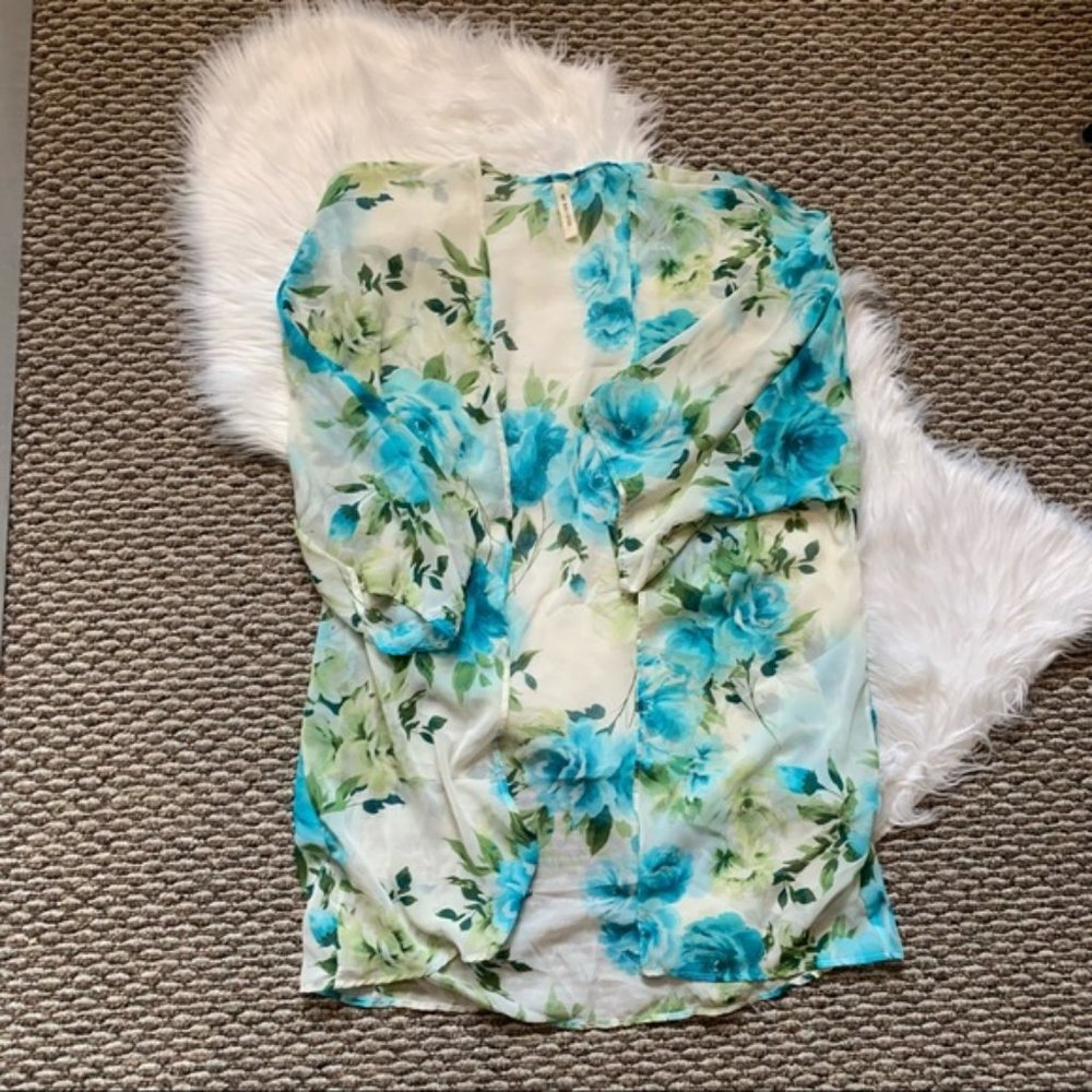 Beloved Flowy Sheer Blue White Floral Open Front Blouse Cardigan Jacket …